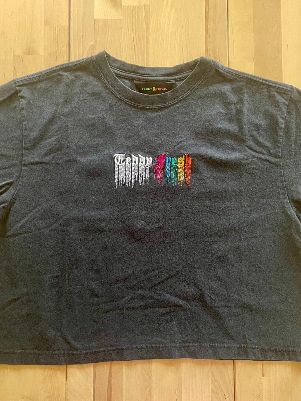 Teddy Fresh Unisex Drippy Embroidered Logo Cropped Black T-Shirt size Small